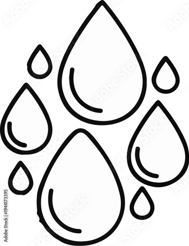 Line art illustration of seven varying sized water drops