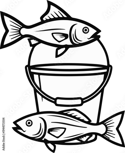 Two fish are captured, one above and one below a bucket