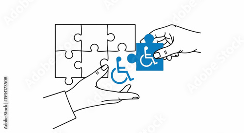 Two hands assemble a puzzle with a disability symbol on a piece