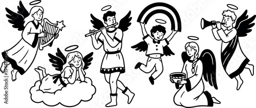 Black and white line art illustration of six angels playing instruments holding rainbow and bowl floating on cloud vector art