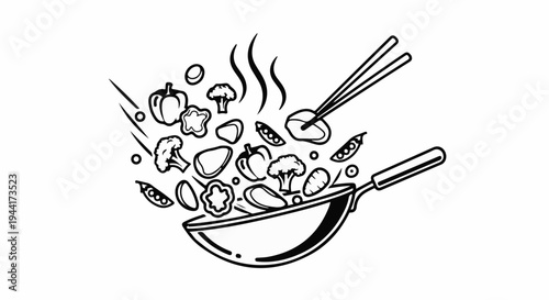 Stir-fried vegetables tossed in a wok with chopsticks and steam