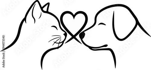 A stylized black line drawing of a cat and dog face to face, with a heart between them