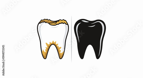 Side-by-side comparison of a healthy, black tooth and a decayed, yellow-stained tooth
