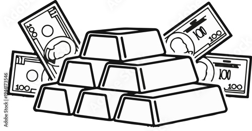 Stacked gold bars with surrounding hundred-dollar bills