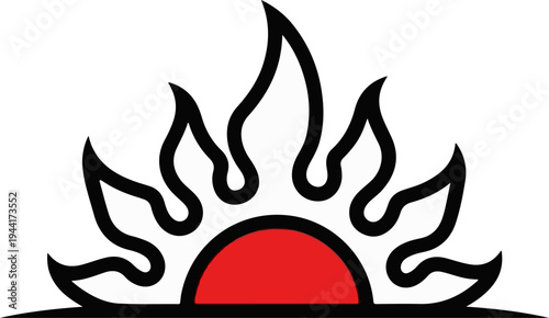 Stylized sunburst with a red half-circle and black flame-like rays