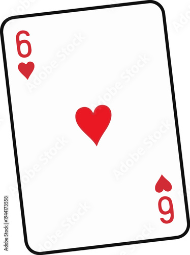 A white playing card displays the number six and six red hearts