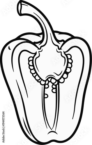 Line art illustration of a bell pepper, halved lengthwise showing seeds and stem