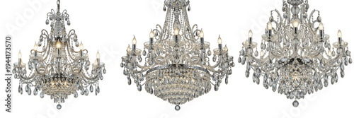 Fotografie Set of luxury crystal chandeliers with elegant glass droplets, classic ornate silver ceiling lamps for grand interior lighting and ballroom decor, isolated on white background