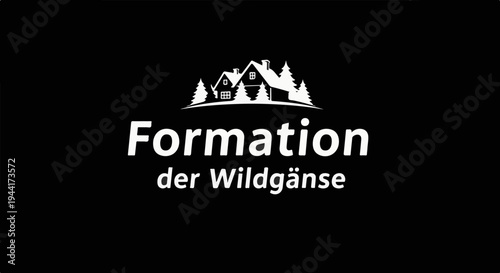 White silhouette of houses and trees above text on black background