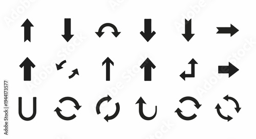Collection of black arrow icons representing various directions and movements