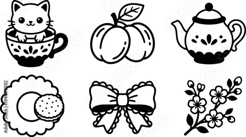 Cute cat sitting inside decorative tea cup with peaches teapot flower branch and bow vector icon set in black and white