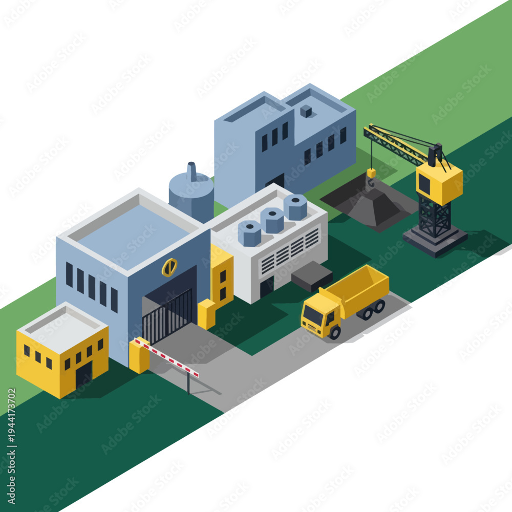 Fototapeta premium Industrial Facility with Trucks and Crane.