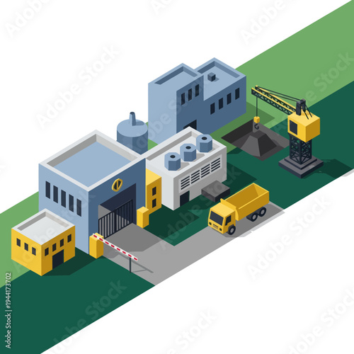 Industrial Facility with Trucks and Crane.