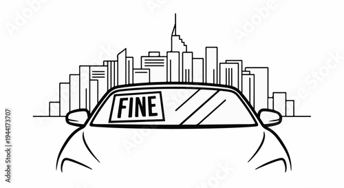 Stylized car with "FINE" sign on windshield, city skyline behind