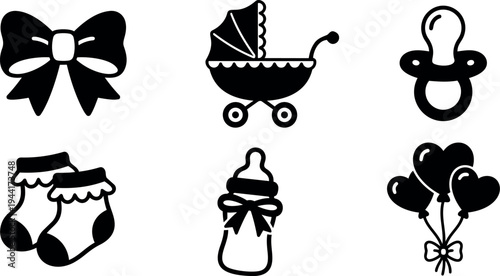 Black silhouette baby stroller pacifier bottle socks bow and heart balloon vector icons set baby theme
