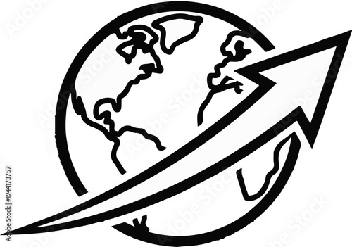 A stylized globe with a bold arrow pointing upward and to the right