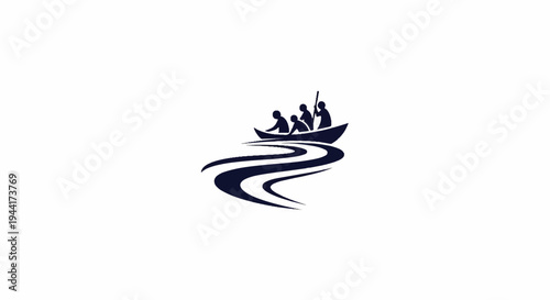Four figures in a boat navigate a stylized river