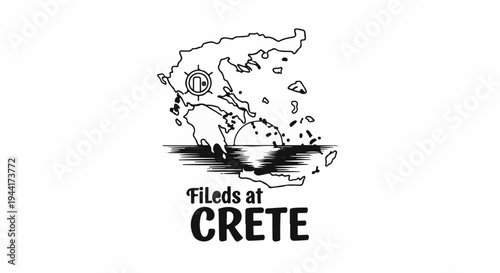 Stylized map of Greece with sun setting over water and "Fileds at CRETE" text