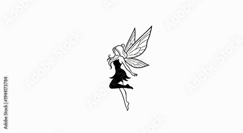 Stylized black and white outline illustration of a winged fairy