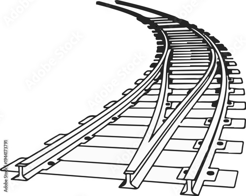 Black and white line art of a railway switch curving to the right