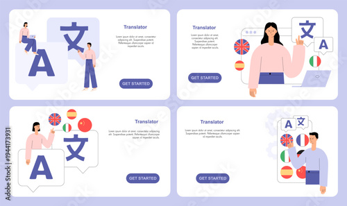 Online translation service interface. Language learning and multilingual communication concept. People using digital translator tools and studying foreign languages. Landing page flat vector illustrat