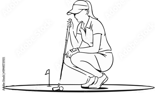 Female golfer crouching, contemplating a shot on the green