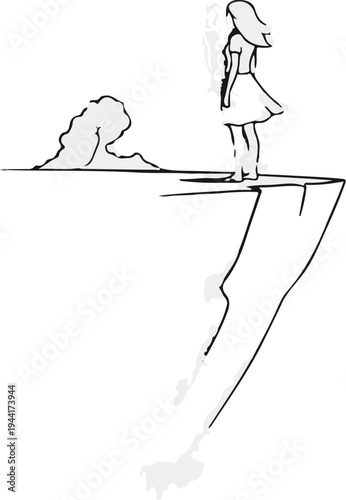 Young woman on a cliff edge overlooks a crashing wave below