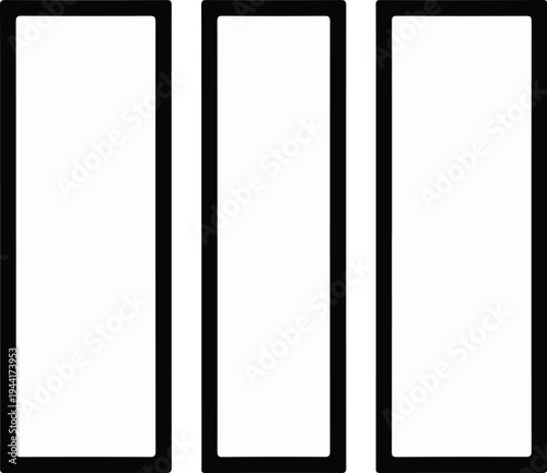Three tall, narrow rectangular panels, framed by thick black outlines on white