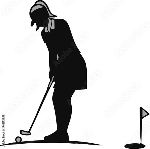 Female golfer lining up a putt on a green, with a flag nearby