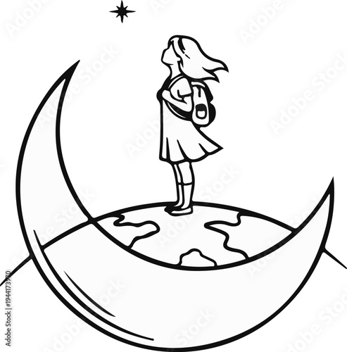 Young explorer stands on globe segment under a crescent moon, gazing at a star