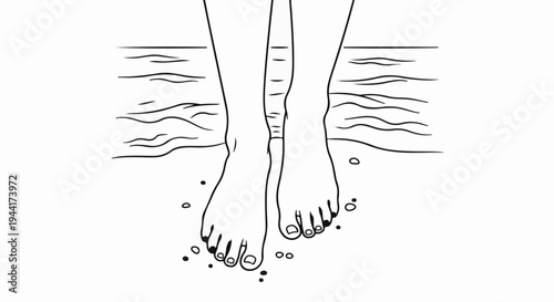 Line art of bare feet on sandy shore with wavy water lines