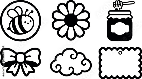 Black and white minimalist icon set with bee flower honey jar ribbon cloud and label vector art simple bold line style