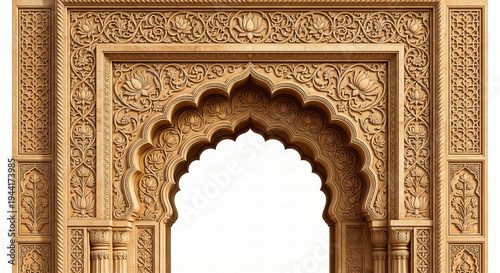 An intricately carved wooden archway featuring floral motifs and arabesque patterns presented on transparent background high-quality professional