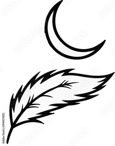 A simple line drawing of a crescent moon above a stylized feather