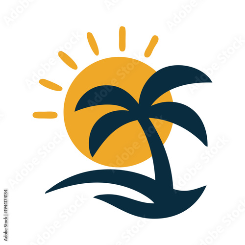 Logo agencia de viajes. Vacaciones de verano. Dibujo sencillo con silueta de la palma con olas de mar con un sol asomando por encima