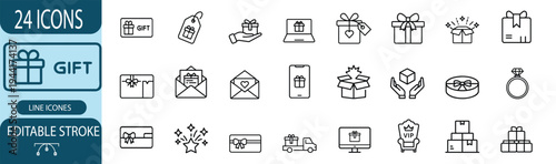 Gift and surprise present outline icon set featuring shopping voucher and delivery package for celebration rewards and more vector illustration or editable stroke
