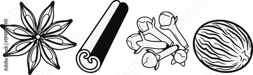 Assortment of four aromatic spices star anise, cinnamon stick, cloves, and nutmeg