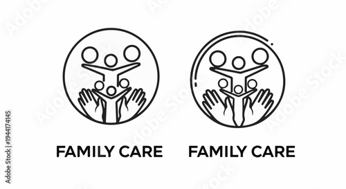 Two circular icons depicting stylized people and hands, with text below