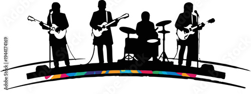 Silhouette of a musical band performing on stage with colorful accents