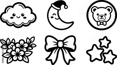 Cute smiling cloud moon with night cap teddy bear bow stars floral vector icons black outlines