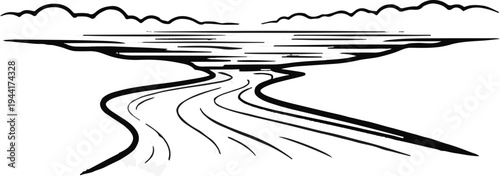 Stylized black and white drawing of a winding river flowing into a calm body of water under a cloudy sky