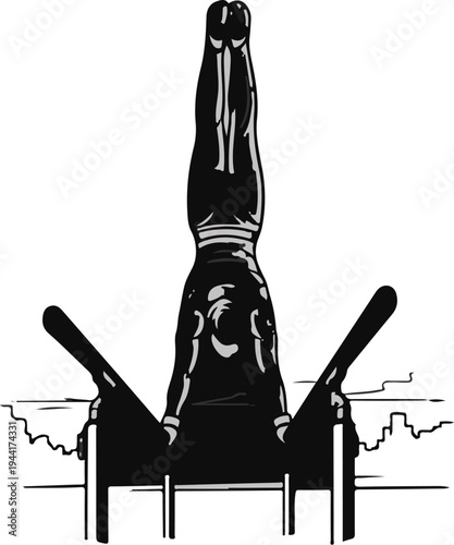 Silhouette of a person performing a handstand on parallel bars, black and white