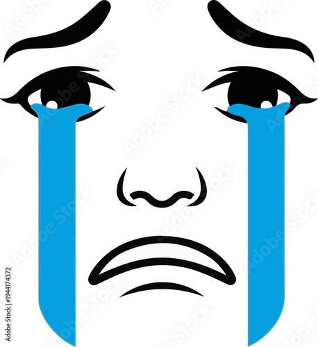Stylized face with black eyes, eyebrows, nose, and mouth, crying blue tears