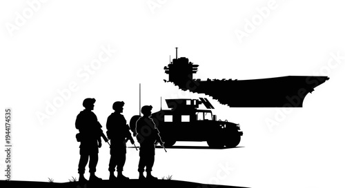 Military Soldiers, Humvee, and Aircraft Carrier Silhouette on White Background