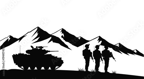 Military Tank and Soldiers Silhouette Against Mountain Landscape