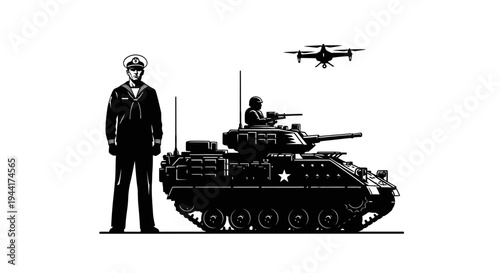Military Technology: Soldier, Armored Vehicle, and Drone - Modern Warfare Concept