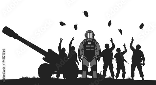 Military team celebrates victory with a soldier in protective suit, artillery cannon silhouette