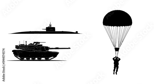 Military Vehicles and Paratrooper Silhouette: Submarine, Tank, Parachute Jump