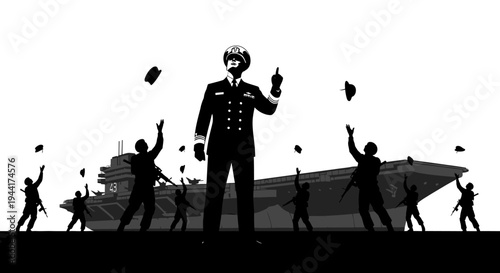 Naval Captain Celebrates Victory with Crew Throwing Hats in Air, Aircraft Carrier Background