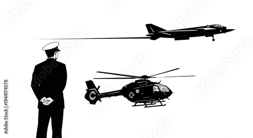 Officer Watches Military Jet and Helicopter Fly Past